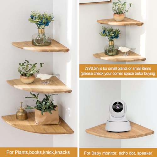 Conamily Corner Shelves, Floating Corner Shelf, Set of 2 7inch Solid Oak Wood Wall Shelves, Round End Wall Mount with Wire Hole Shelving for Small Plant for Bedroom Kitchen, Living Room - Image 3