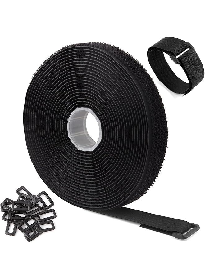 S-TOP 5m Adjustable Cable Straps with 25 Buckles, Free Cut Length, Black Reusable Fastening Cable Ties, Hook and Loop Securing Strap for Cable Tidy, Wire Management, Cord Organiser, 2cm Wide - Image 1