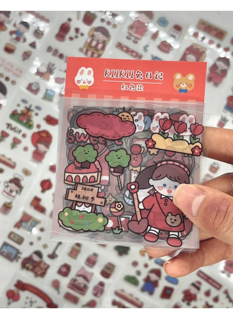 Kağıt Gemi Dükkan Paper Ship Shop Cute Girl and Her Cute Friends Red Transparent Pet 20 Sheets Sticker Set Waterproof Bullet Journal