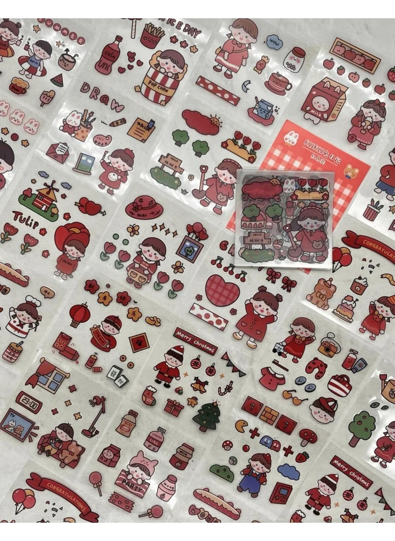 Kağıt Gemi Dükkan Paper Ship Shop Cute Girl and Her Cute Friends Red Transparent Pet 20 Sheets Sticker Set Waterproof Bullet Journal