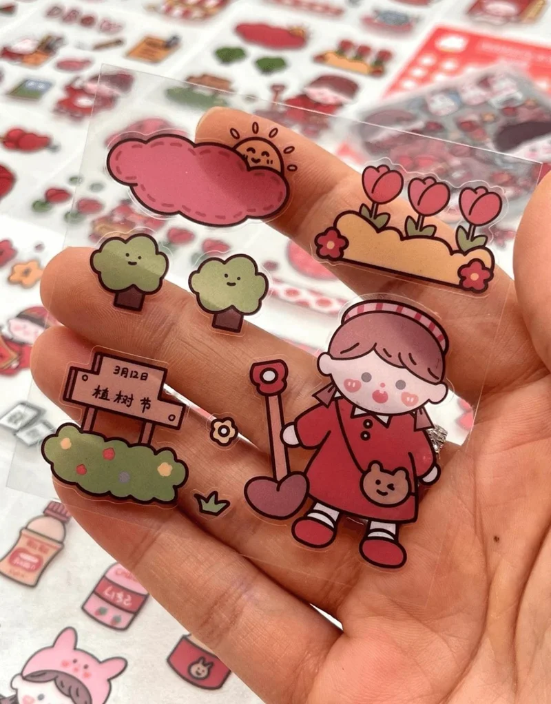 كاغيت جيمي دوكان Paper Ship Shop Cute Girl and Her Cute Friends Red Transparent Pet 20 Sheets Sticker Set Waterproof Bullet Journal