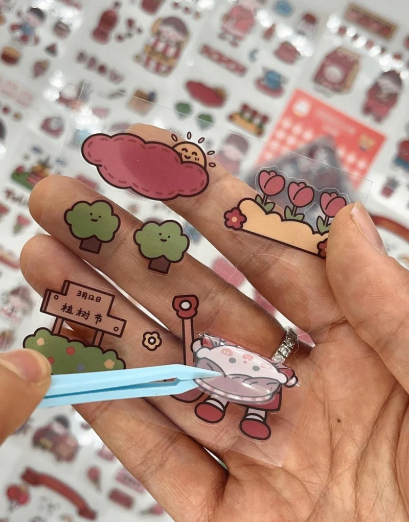 كاغيت جيمي دوكان Paper Ship Shop Cute Girl and Her Cute Friends Red Transparent Pet 20 Sheets Sticker Set Waterproof Bullet Journal