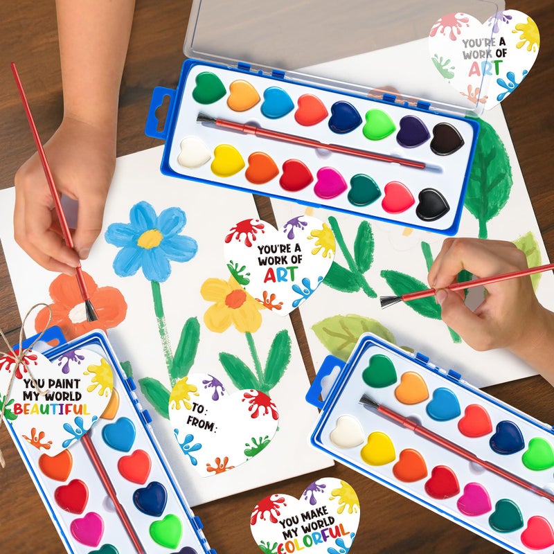 CPicdn Valentineâ€™s Day Gift Card Set, 16 Color Watercolor Paint Set, 24 Pack Bulk Washable Paint Set with Brush for Kids Adult, School Classroom Supplies Party Favors Valentines Prizes Exchange Gifts - Image 3