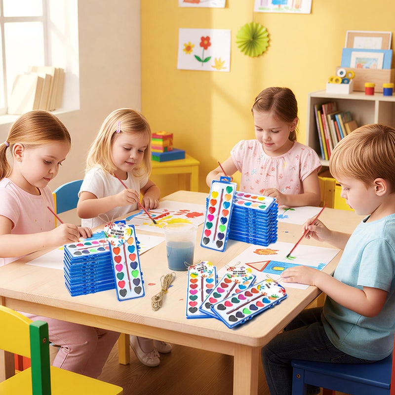 CPicdn Valentineâ€™s Day Gift Card Set, 16 Color Watercolor Paint Set, 24 Pack Bulk Washable Paint Set with Brush for Kids Adult, School Classroom Supplies Party Favors Valentines Prizes Exchange Gifts - Image 4