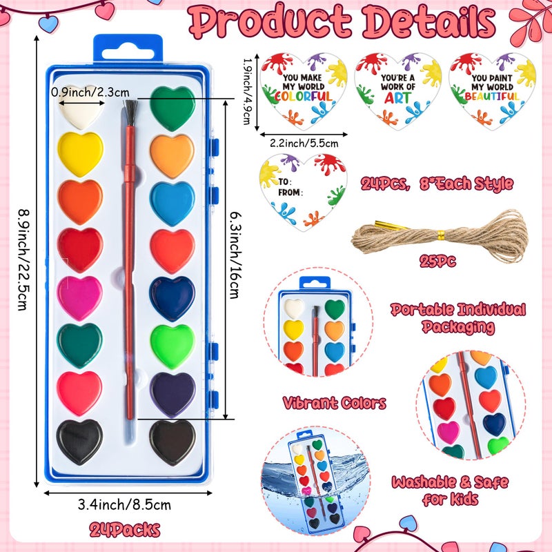 CPicdn Valentineâ€™s Day Gift Card Set, 16 Color Watercolor Paint Set, 24 Pack Bulk Washable Paint Set with Brush for Kids Adult, School Classroom Supplies Party Favors Valentines Prizes Exchange Gifts - Image 2
