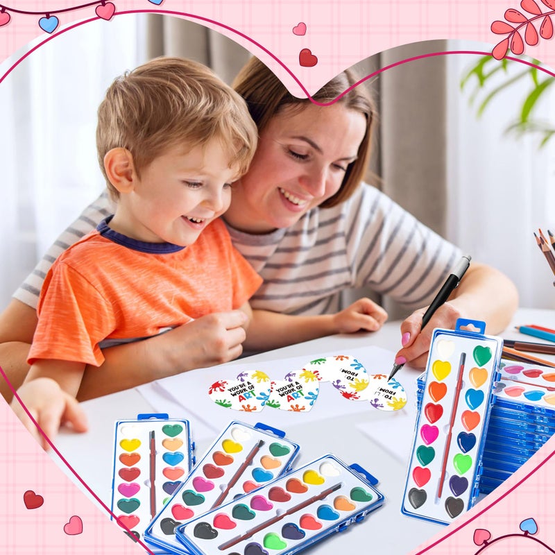 CPicdn Valentineâ€™s Day Gift Card Set, 16 Color Watercolor Paint Set, 24 Pack Bulk Washable Paint Set with Brush for Kids Adult, School Classroom Supplies Party Favors Valentines Prizes Exchange Gifts - Image 5