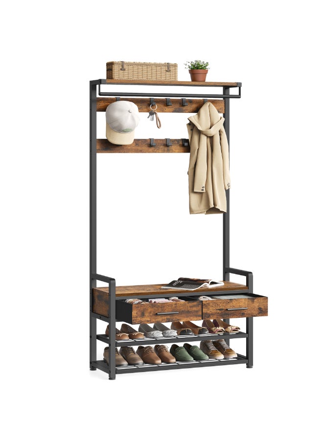 VASAGLE شجرة قاعة فاساجل مع مقعد وتخزين للأحذية، شماعة معطف في المدخل مع مقعد للأحذية، 2 درج قماشي، 10 خطافات، 30 x 80.4 x 181.6 سم، بني عتيق وأسود حبر - Image 1