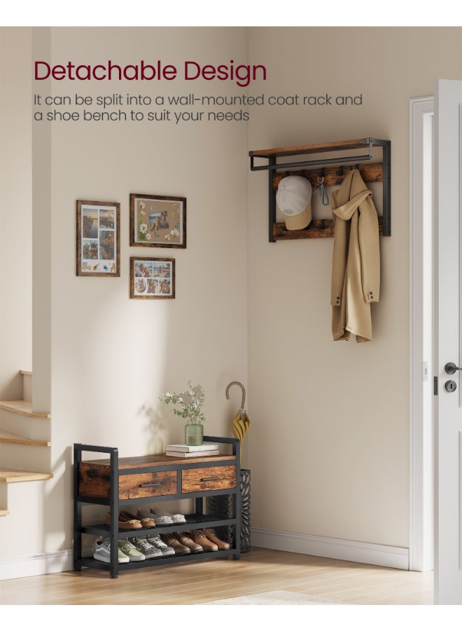 VASAGLE شجرة قاعة فاساجل مع مقعد وتخزين للأحذية، شماعة معطف في المدخل مع مقعد للأحذية، 2 درج قماشي، 10 خطافات، 30 x 80.4 x 181.6 سم، بني عتيق وأسود حبر - Image 5