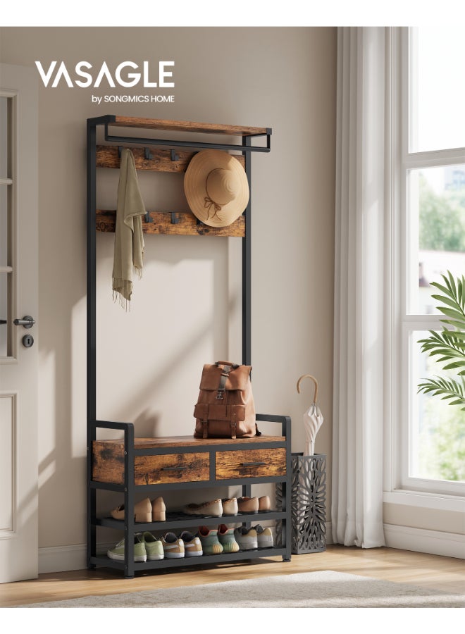 VASAGLE شجرة قاعة فاساجل مع مقعد وتخزين للأحذية، شماعة معطف في المدخل مع مقعد للأحذية، 2 درج قماشي، 10 خطافات، 30 x 80.4 x 181.6 سم، بني عتيق وأسود حبر - Image 2