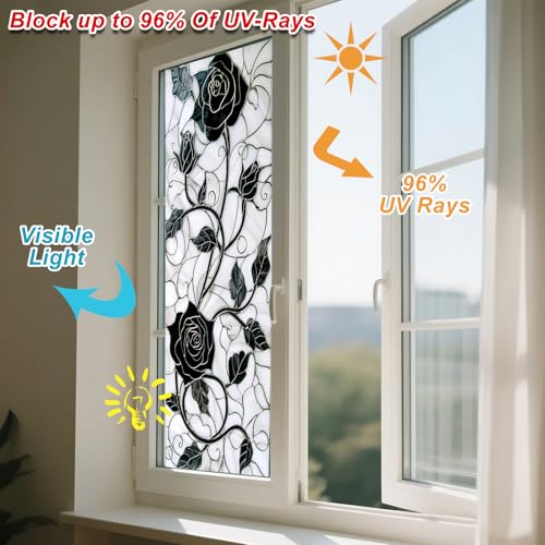 IVN Privacy Window Film Black Rose Vine Decorative Window Cling Stained Glass Style Static Cling Glass Sticker for Bathroom Entryway Kitchen Door Panel 17.7 x 39.3 Inch - Image 4