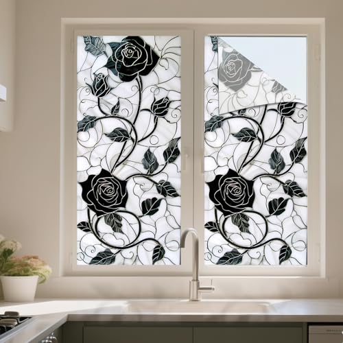 IVN Privacy Window Film Black Rose Vine Decorative Window Cling Stained Glass Style Static Cling Glass Sticker for Bathroom Entryway Kitchen Door Panel 17.7 x 39.3 Inch - Image 5