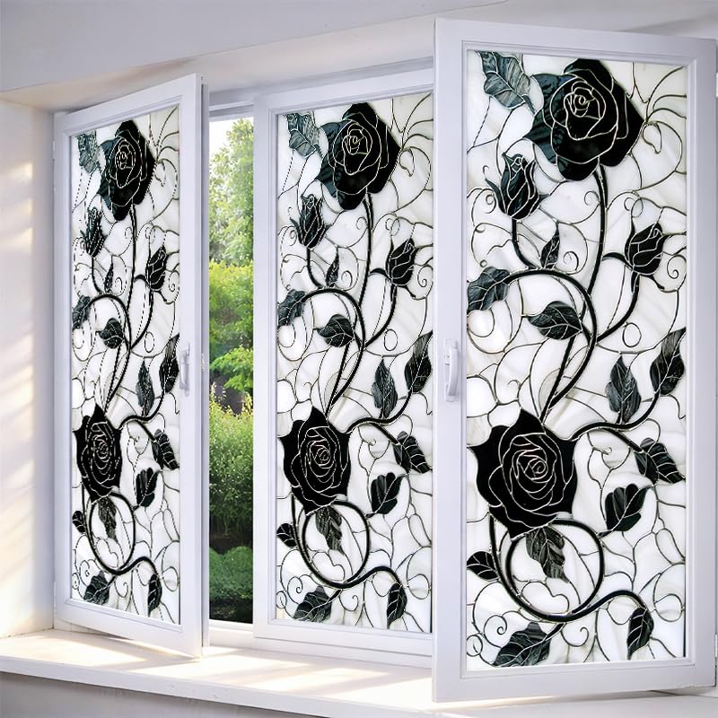 IVN Privacy Window Film Black Rose Vine Decorative Window Cling Stained Glass Style Static Cling Glass Sticker for Bathroom Entryway Kitchen Door Panel 17.7 x 39.3 Inch - Image 1