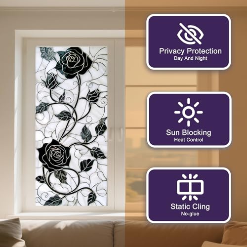 IVN Privacy Window Film Black Rose Vine Decorative Window Cling Stained Glass Style Static Cling Glass Sticker for Bathroom Entryway Kitchen Door Panel 17.7 x 39.3 Inch - Image 2