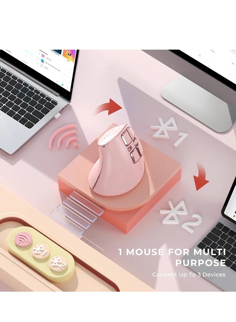 seenda Ergonomic Mouse, Wireless Vertical Mouse - Rechargeable Optical Mice for Multi-Purpose (Bluetooth 5.0 + Bluetooth 3.0 + USB Connection) Compatible Apple Mac, Windows Computers - Pink - Image 3
