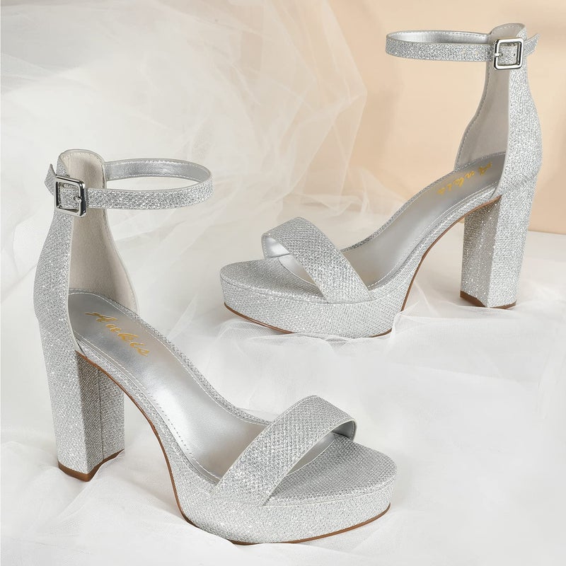 Ankis Platform Heels 4 Inches Chunky heels Sandals for Women Comfy Open Toe Block Heeled Sandals Black Nude White Silver Gold Ankle Strappy Black Chunky Platform Heel for Women Summer Dress Shoes - Image 4