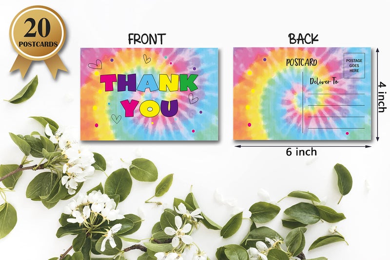 Disfuco Birthday Thank You Postcards, Watercolor Tie Dye Thank You Cards for Kids Girls Boys Birthday Party, Baby Shower Party, Set of 20 (A03) - Image 2