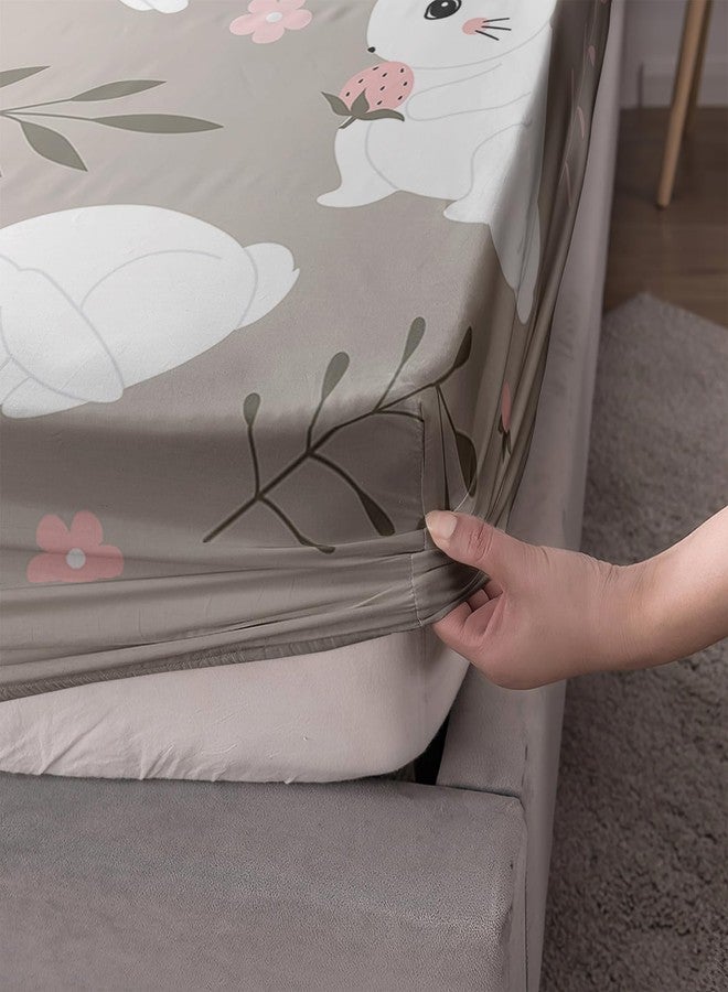 AILONEN Cute Rabbit Fitted Sheet Set Twin XL Size,Beautiful Rustic Strawberry Bunny Bedding Set for Kids Room Decors,Cartoon Animal Theme Bedsheets Set,1 Fitted Sheet 2 Pillowcases,3-Piece - Image 3