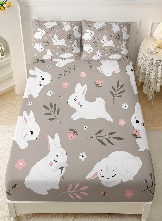 AILONEN Cute Rabbit Fitted Sheet Set Twin XL Size,Beautiful Rustic Strawberry Bunny Bedding Set for Kids Room Decors,Cartoon Animal Theme Bedsheets Set,1 Fitted Sheet 2 Pillowcases,3-Piece - Image 1