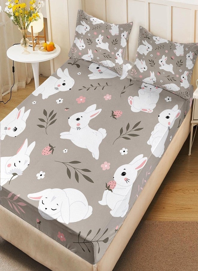 AILONEN Cute Rabbit Fitted Sheet Set Twin XL Size,Beautiful Rustic Strawberry Bunny Bedding Set for Kids Room Decors,Cartoon Animal Theme Bedsheets Set,1 Fitted Sheet 2 Pillowcases,3-Piece - Image 2