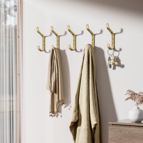 Chinpakden Wall Hook for Hanging Coats - Stainless Coat Hook 5 Pack Wall Mount for Backpack, Bag, Keys and Towel, Double Hook in Closet, Entryway, Door, Bathroom and Farmhouse, Hold Up to 22Lbs, Gold. - Image 3