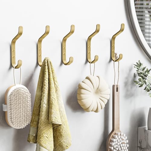 Chinpakden Wall Hook for Hanging Coats - Stainless Coat Hook 5 Pack Wall Mount for Backpack, Bag, Keys and Towel, Double Hook in Closet, Entryway, Door, Bathroom and Farmhouse, Hold Up to 22Lbs, Gold. - Image 2