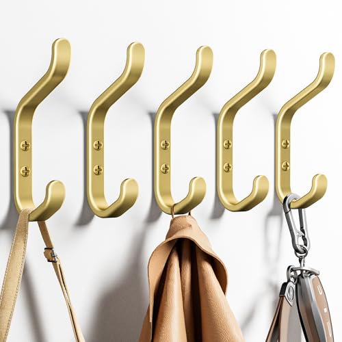 Chinpakden Wall Hook for Hanging Coats - Stainless Coat Hook 5 Pack Wall Mount for Backpack, Bag, Keys and Towel, Double Hook in Closet, Entryway, Door, Bathroom and Farmhouse, Hold Up to 22Lbs, Gold. - Image 1