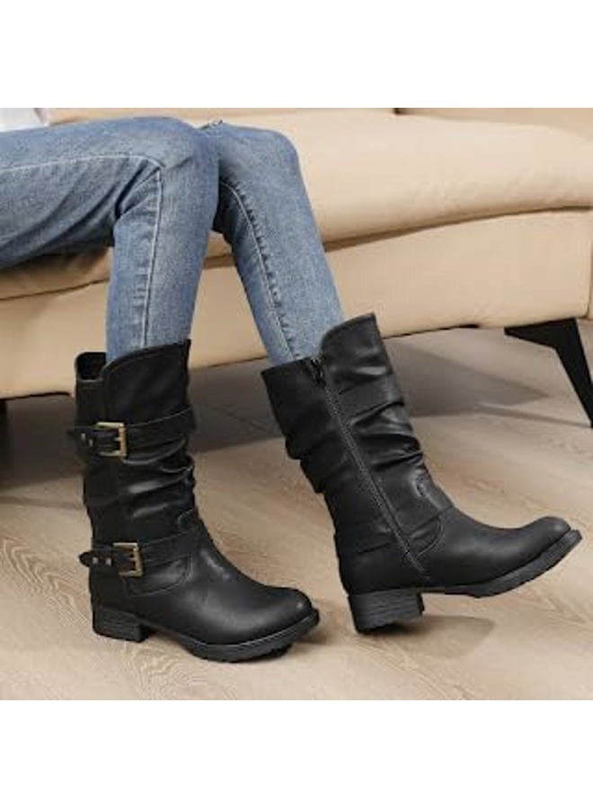 GLOBALWIN Women's Mid Calf Boots Fashion Moto Boots For Women With Buckle Straps, Side Zipper, And Low Block Heel – Biker Boots For Fall Spring Winter, Black, 7.5 - Image 3