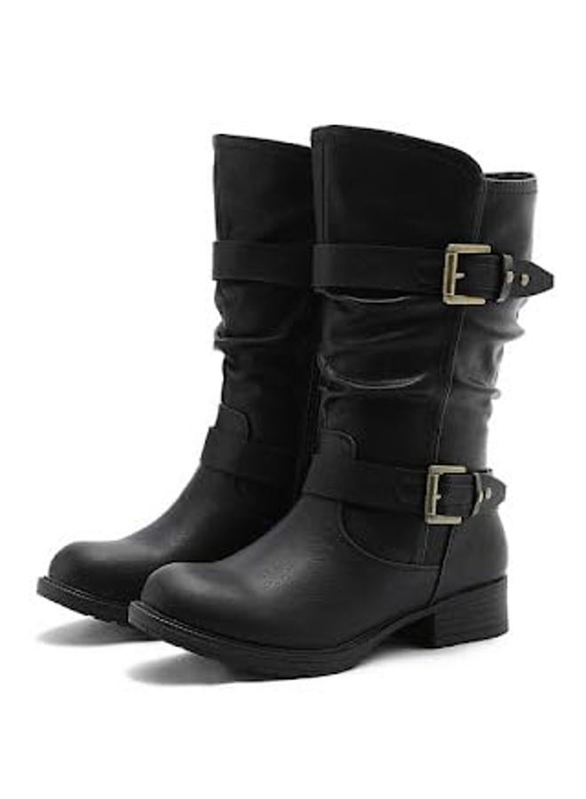 GLOBALWIN Women's Mid Calf Boots Fashion Moto Boots For Women With Buckle Straps, Side Zipper, And Low Block Heel – Biker Boots For Fall Spring Winter, Black, 7.5 - Image 1