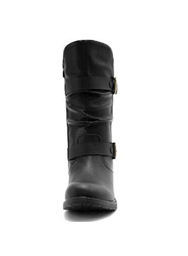 GLOBALWIN Women's Mid Calf Boots Fashion Moto Boots For Women With Buckle Straps, Side Zipper, And Low Block Heel – Biker Boots For Fall Spring Winter, Black, 7.5 - Image 4