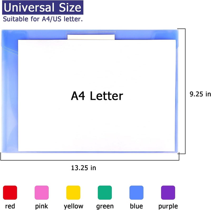 SAGREENY 6 Pack Clear Document Folders Plastic Envelopes Poly Envelopes File Envelopes With Label Pocket And Snap Button For Home Work Office Organization, Letter Size/A4 Size, 6 Colors - Image 3