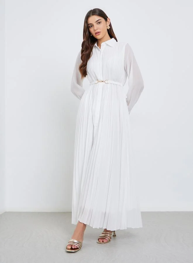 Styli Styli Pleated Shirt Maxi Dress with Belt Detail