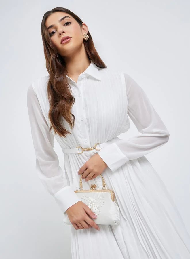 Styli Styli Pleated Shirt Maxi Dress with Belt Detail