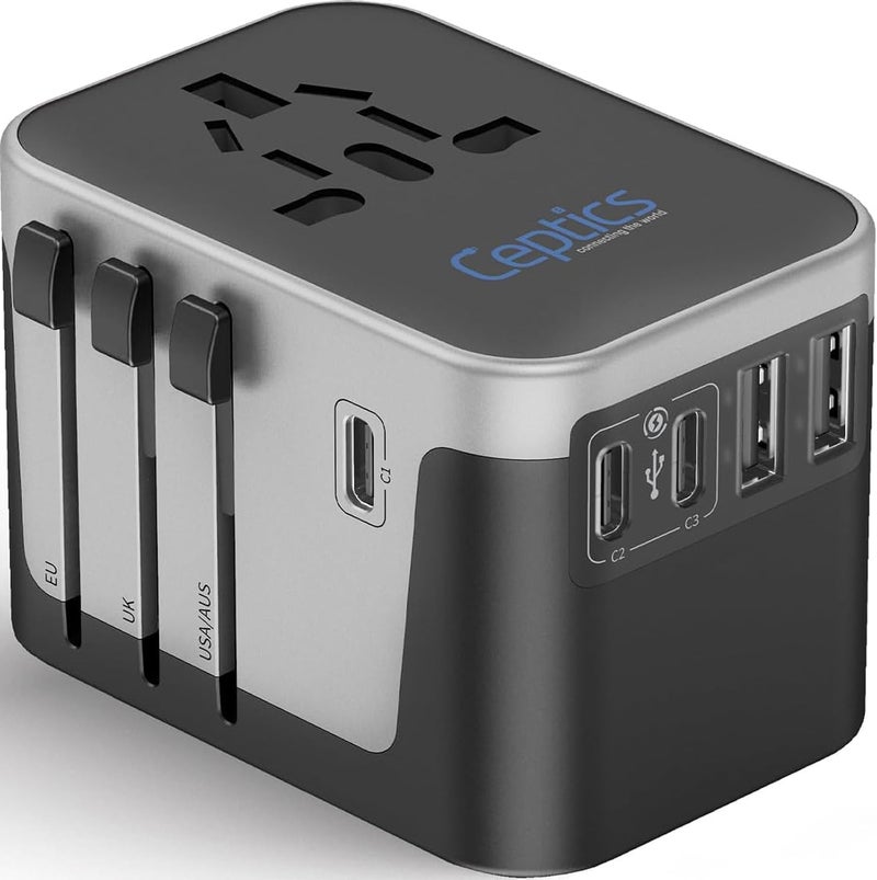 Ceptics Universal Travel Power Adapter, 6 in 1 Worldwide International Wall Charger with 2X USB-A - 3X USB-C 6A, Travel Power Adapter for for USA EU UK AUS Mobiles Laptops Cameras, UP-30KU-BL - Image 1