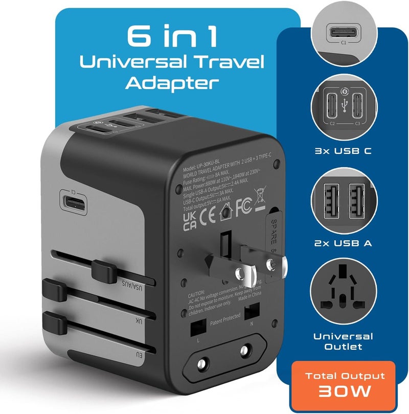 Ceptics Universal Travel Power Adapter, 6 in 1 Worldwide International Wall Charger with 2X USB-A - 3X USB-C 6A, Travel Power Adapter for for USA EU UK AUS Mobiles Laptops Cameras, UP-30KU-BL - Image 2