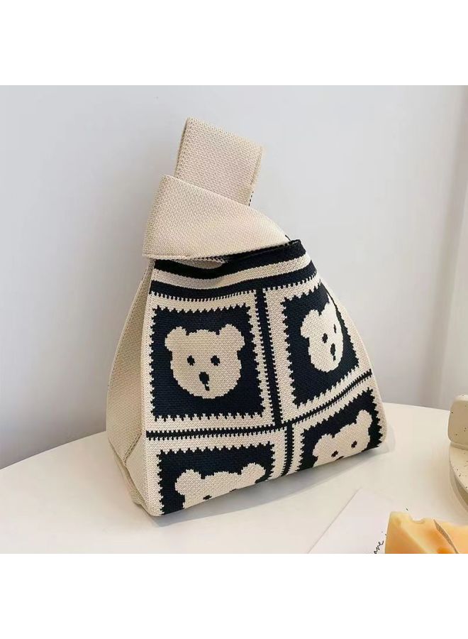 South Korea Ins Knitted Bag Girl's Vesel Bag Small Square Bag Year Knitted Bag Hand Bag Knitted Bag Crossbody-Color:Handbag Four Little Bears [beige]  - Image 1