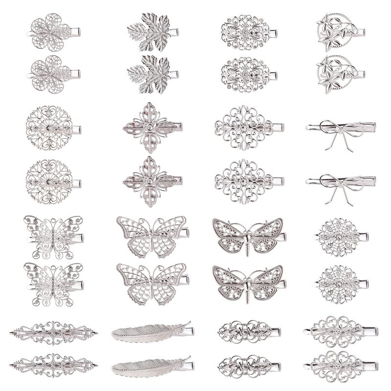 Cinaci 32 Pack16 Pairs Small Metal Silver Retro Vintage Leaf Flower Butterfly Alligator Hair Clips Duckbill Mini Barrettes Decorative Tiny Hair Pins Accessories for Women Girls Fine Thin Short Hair