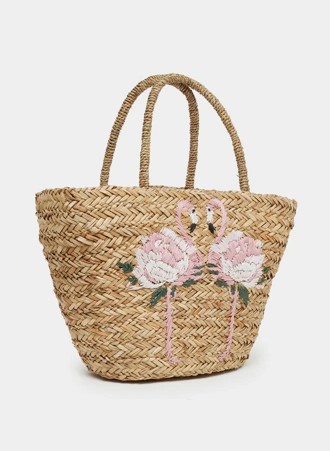 Styli Styli Flamingo Embroidered Beach Handbag with Double Top Handles