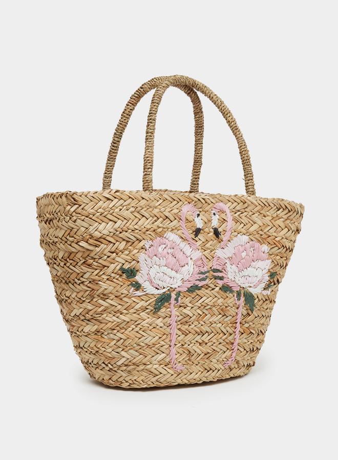 Styli Flamingo Embroidered Beach Handbag with Double Top Handles - Image 1