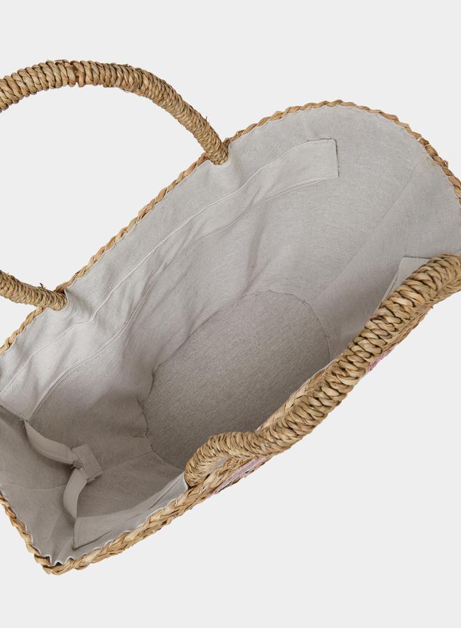 Styli Flamingo Embroidered Beach Handbag with Double Top Handles - Image 4