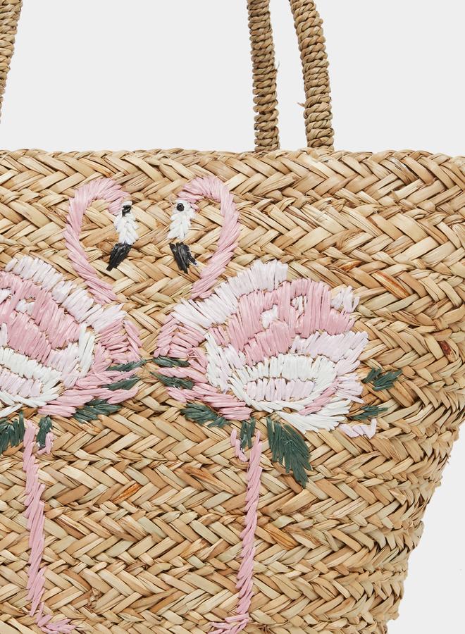 Styli Flamingo Embroidered Beach Handbag with Double Top Handles - Image 3