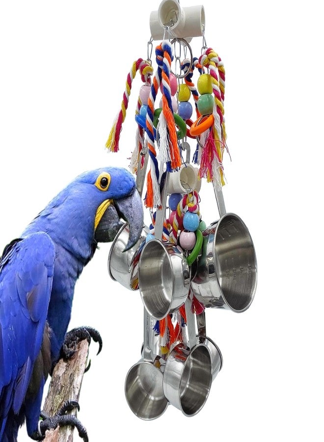 GILYGI New Upgraded Metallic Pots and Multicolored Ring Toys, Pullable 8 Stainless Steel Cups and 8 Wooden Ring Toys for Large and Extra Large Parrot Amazons Macaws African Greys Cockatoos Eclectus - Image 1