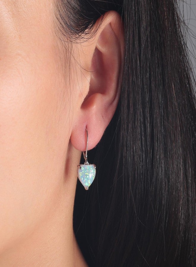 CiNily Heart Opal Earrings Leverback Drop Earring for Women Hypoallergenic, Pendant Earrings 14K White Gold Plated Dangle Earring White Opal Hoops Birthday Jewelry - Image 2