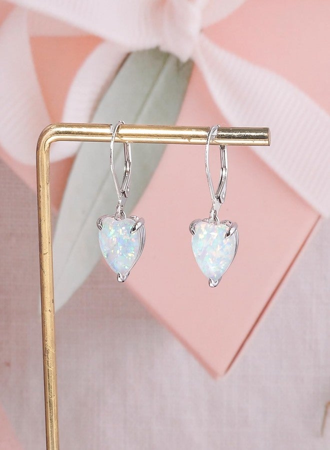 CiNily Heart Opal Earrings Leverback Drop Earring for Women Hypoallergenic, Pendant Earrings 14K White Gold Plated Dangle Earring White Opal Hoops Birthday Jewelry - Image 4