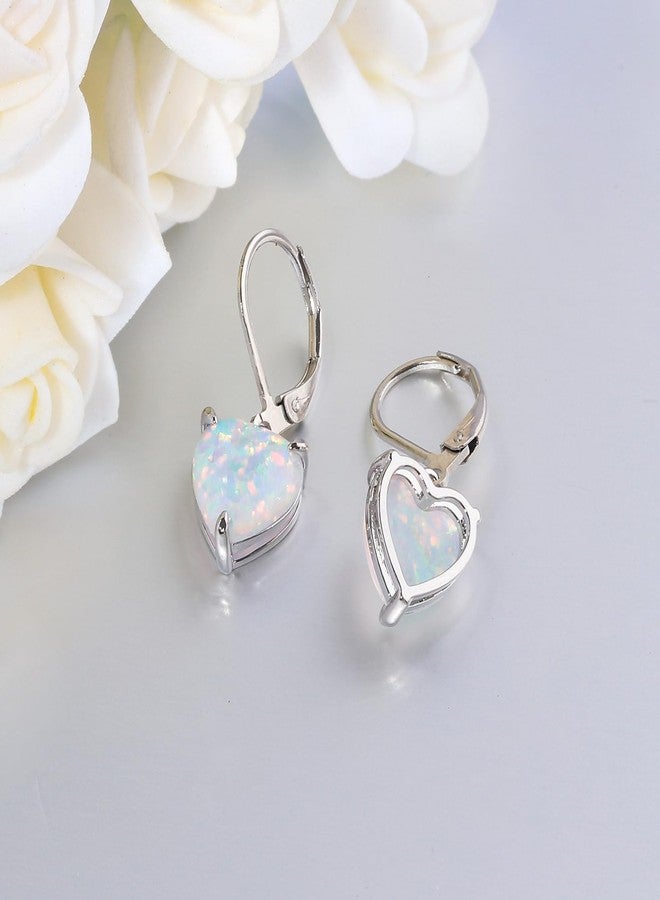 CiNily Heart Opal Earrings Leverback Drop Earring for Women Hypoallergenic, Pendant Earrings 14K White Gold Plated Dangle Earring White Opal Hoops Birthday Jewelry - Image 5