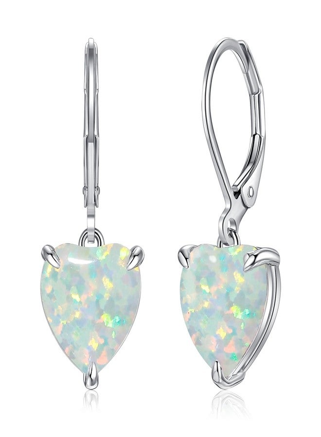 CiNily Heart Opal Earrings Leverback Drop Earring for Women Hypoallergenic, Pendant Earrings 14K White Gold Plated Dangle Earring White Opal Hoops Birthday Jewelry - Image 1