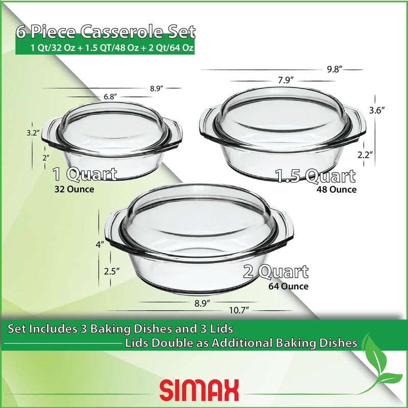 SIMAX Casserole Dish Set with Lid, Round Glass Cookware, Borosilicate Glass, Made In Europe 1 Qt, 1.5 Qt and 2 Qt Baking Dishes, Set of 3 - Image 2