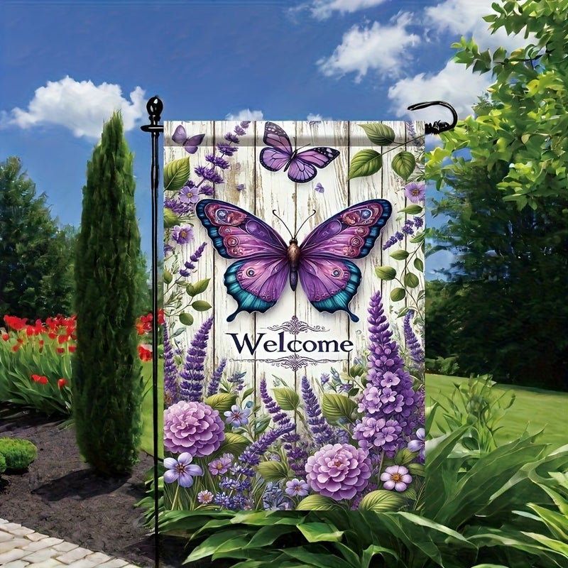 Rustic Wooden Butterfly Welcome Garden Flag 18 By 12 Inch Polyester - Image 1