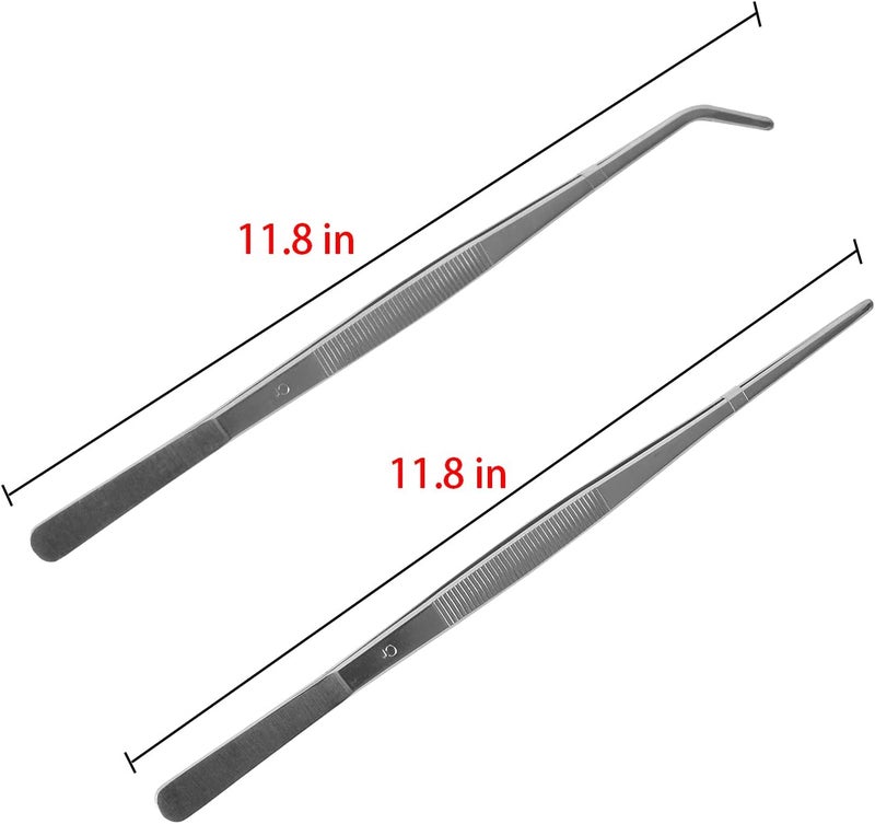 HSTECH 2 Pcs 12 Inch Long Handle Stainless Steel Straight and Curved Tweezers Nippers, Set with Serrated Tips Comfortable Ridged Handle for Garden, Kitchen, Indoors and Outdoors - Image 2