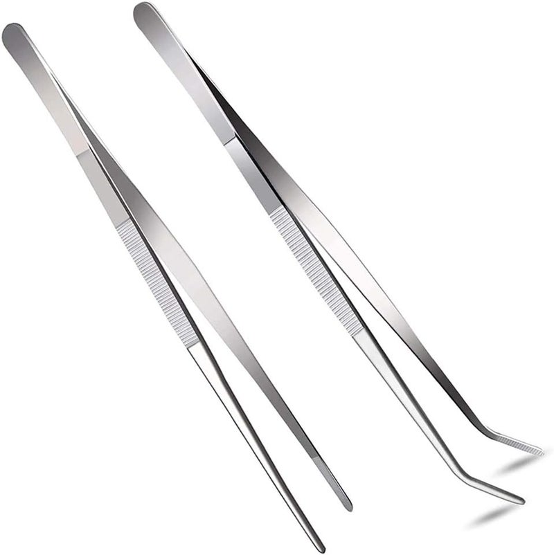 HSTECH 2 Pcs 12 Inch Long Handle Stainless Steel Straight and Curved Tweezers Nippers, Set with Serrated Tips Comfortable Ridged Handle for Garden, Kitchen, Indoors and Outdoors - Image 1