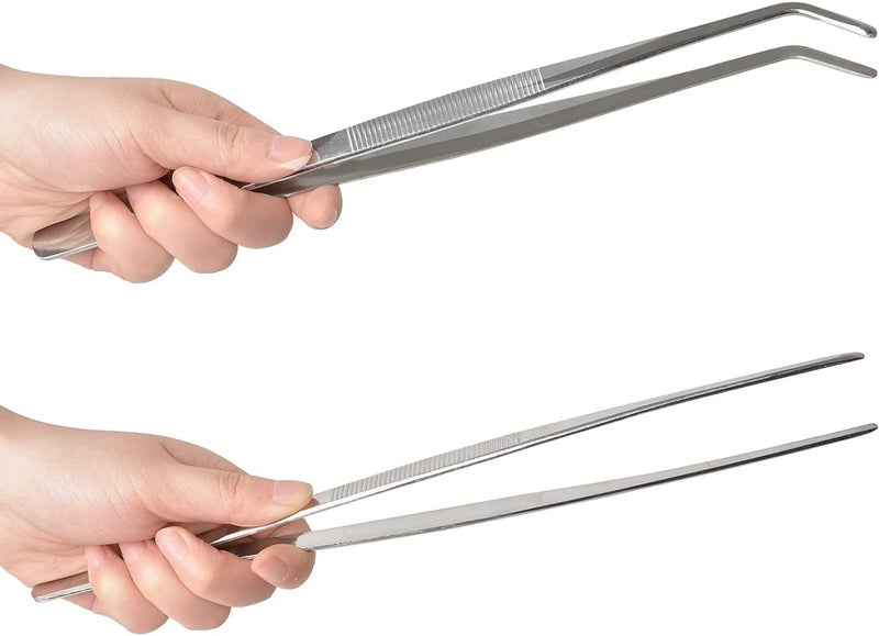 HSTECH 2 Pcs 12 Inch Long Handle Stainless Steel Straight and Curved Tweezers Nippers, Set with Serrated Tips Comfortable Ridged Handle for Garden, Kitchen, Indoors and Outdoors - Image 4